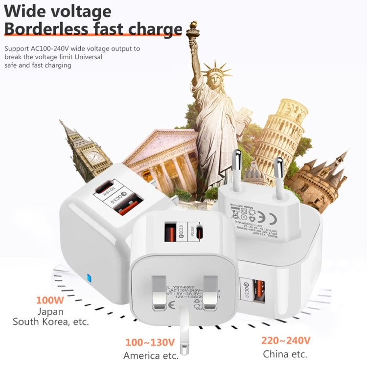 YSY-6087PD 20W PD3.0 + QC3.0 Dual Fast Charge Reise-Ladegerät mit Typ-C auf Typ-C Datenkabel, EU-Stecker, US-Stecker, UK-Stecker