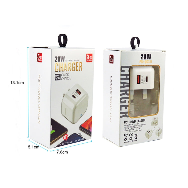 YSY-6087PD 20W PD3.0 + QC3.0 Dual Fast Charge Reise-Ladegerät mit Typ-C auf Typ-C Datenkabel, EU-Stecker, US-Stecker, UK-Stecker
