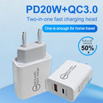 20W PD Typ-C + QC 3.0 USB-Schnittstelle Schnelllade-Reise-Ladegerät mit USB zu Typ-C Schnelllade-Datenkabel, EU-Stecker, US-Stecker, AU-Stecker