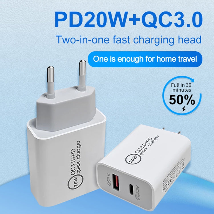 20W PD Typ-C + QC 3.0 USB-Schnittstelle Schnelllade-Reise-Ladegerät mit USB zu Typ-C Schnelllade-Datenkabel, EU-Stecker, US-Stecker, AU-Stecker