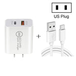 20W PD Typ-C + QC 3.0 USB-Schnittstelle Schnelllade-Reise-Ladegerät mit USB zu Typ-C Schnelllade-Datenkabel, EU-Stecker, US-Stecker, AU-Stecker