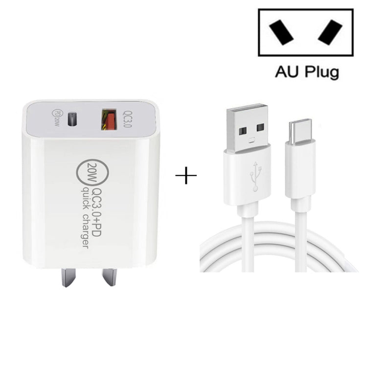 20W PD Typ-C + QC 3.0 USB-Schnittstelle Schnelllade-Reise-Ladegerät mit USB zu Typ-C Schnelllade-Datenkabel, EU-Stecker, US-Stecker, AU-Stecker