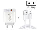 20W PD Type-C + QC 3.0 USB-Schnittstelle Schnelllade-Reiseladegerät mit USB-auf-8-Pin-Schnelllade-Datenkabel, EU-Stecker, US-Stecker, AU-Stecker