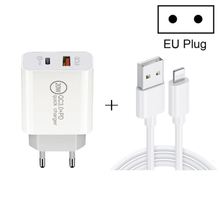 20W PD Type-C + QC 3.0 USB-Schnittstelle Schnelllade-Reiseladegerät mit USB-auf-8-Pin-Schnelllade-Datenkabel, EU-Stecker, US-Stecker, AU-Stecker
