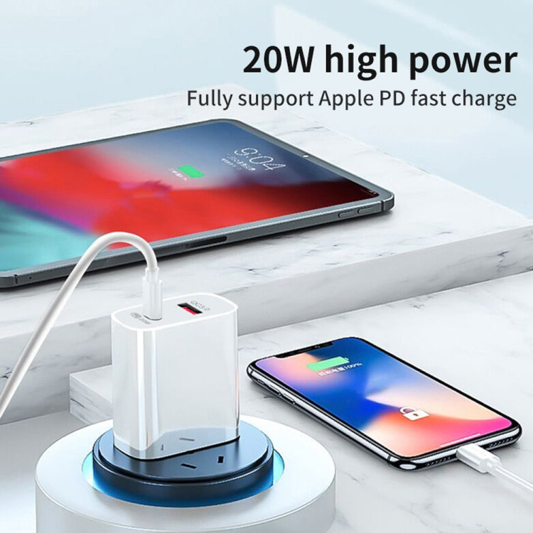 20W PD Type-C + QC 3.0 USB-Schnittstelle Schnelllade-Reiseladegerät mit USB-auf-8-Pin-Schnelllade-Datenkabel, EU-Stecker, US-Stecker, AU-Stecker