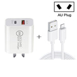 20W PD Type-C + QC 3.0 USB-Schnittstelle Schnelllade-Reiseladegerät mit USB-auf-8-Pin-Schnelllade-Datenkabel, EU-Stecker, US-Stecker, AU-Stecker