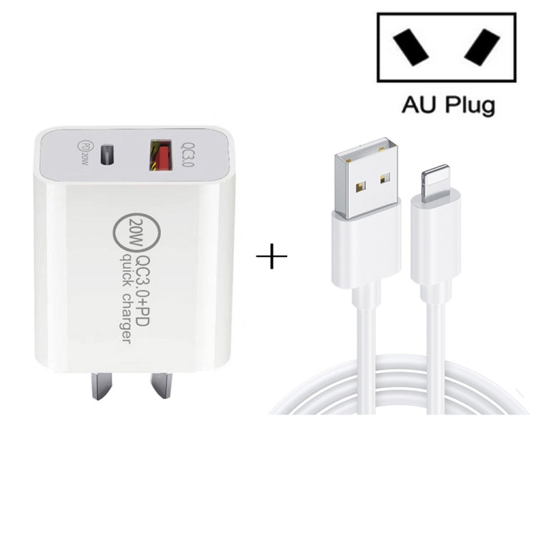 20W PD Type-C + QC 3.0 USB-Schnittstelle Schnelllade-Reiseladegerät mit USB-auf-8-Pin-Schnelllade-Datenkabel, EU-Stecker, US-Stecker, AU-Stecker