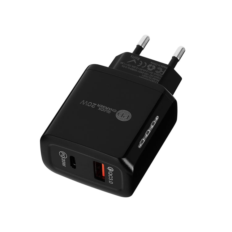 TE-PD01 PD 20W + QC3.0 USB-Doppelanschluss-Schnellladegerät mit Kontrollleuchte, EU-Stecker
