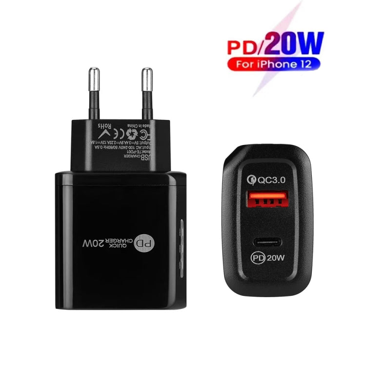 TE-PD01 PD 20W + QC3.0 USB-Doppelanschluss-Schnellladegerät mit Kontrollleuchte, EU-Stecker