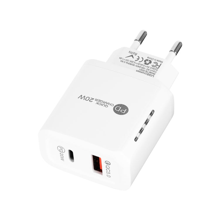 TE-PD01 PD 20W + QC3.0 USB-Doppelanschluss-Schnellladegerät mit Kontrollleuchte, EU-Stecker