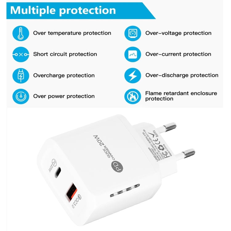 TE-PD01 PD 20W + QC3.0 USB-Doppelanschluss-Schnellladegerät mit Kontrollleuchte, EU-Stecker