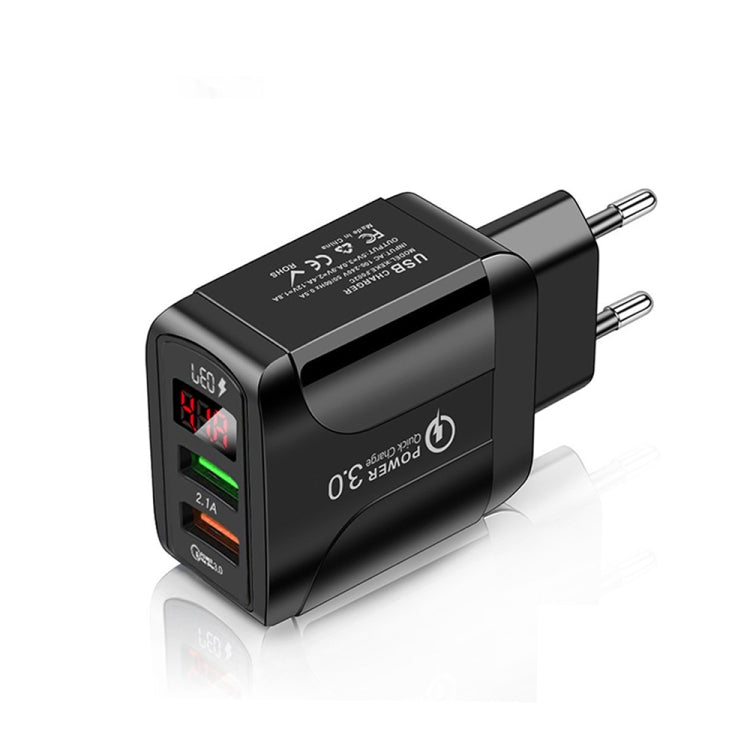 F002C QC3.0 USB + USB 2.0 Schnellladegerät mit LED-Digitalanzeige für Mobiltelefone und Tablets, EU Stecker