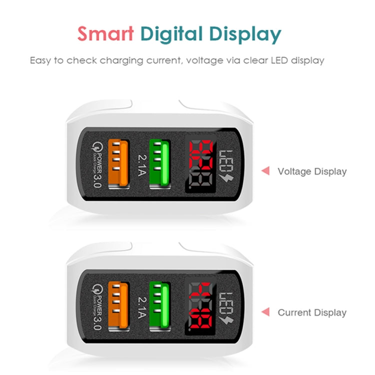 F002C QC3.0 USB + USB 2.0 Fast Charger with LED Digital Display for Mobile Phones and Tablets, EU Plug, EU Plug