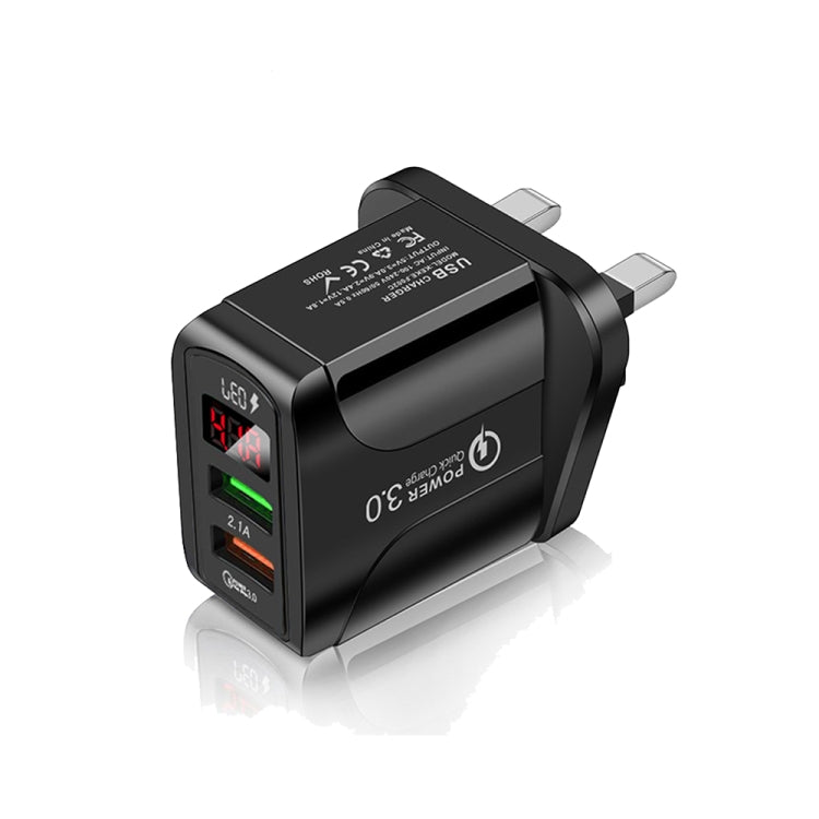 F002C QC3.0 USB + USB 2.0 Schnellladegerät mit LED-Digitalanzeige für Mobiltelefone und Tablets, UK-Stecker