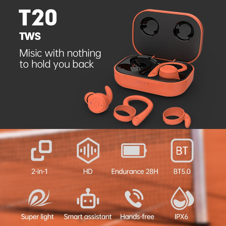 T20 TWS Bluetooth Ohrhaken Kabellose Sportkopfhörer mit Ladebox IPX6 Wasserdicht Geräuschunterdrückung Ohrhörer