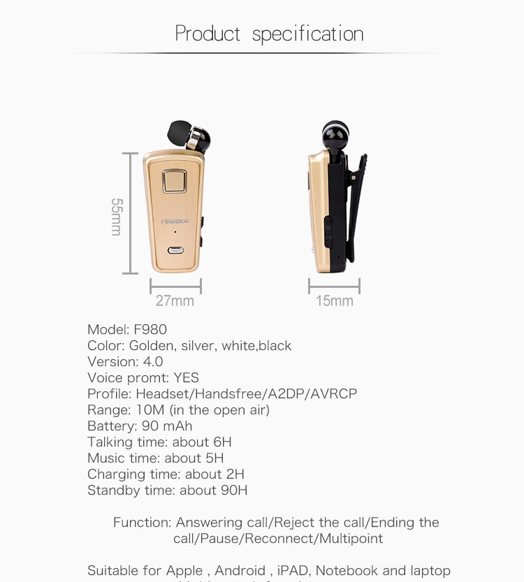 F980 CSR4.1 Einziehbares Kabel Anrufer Vibrationserinnerung Diebstahlschutz Bluetooth Headset, Schwarz, Weiß, Silber, Gold