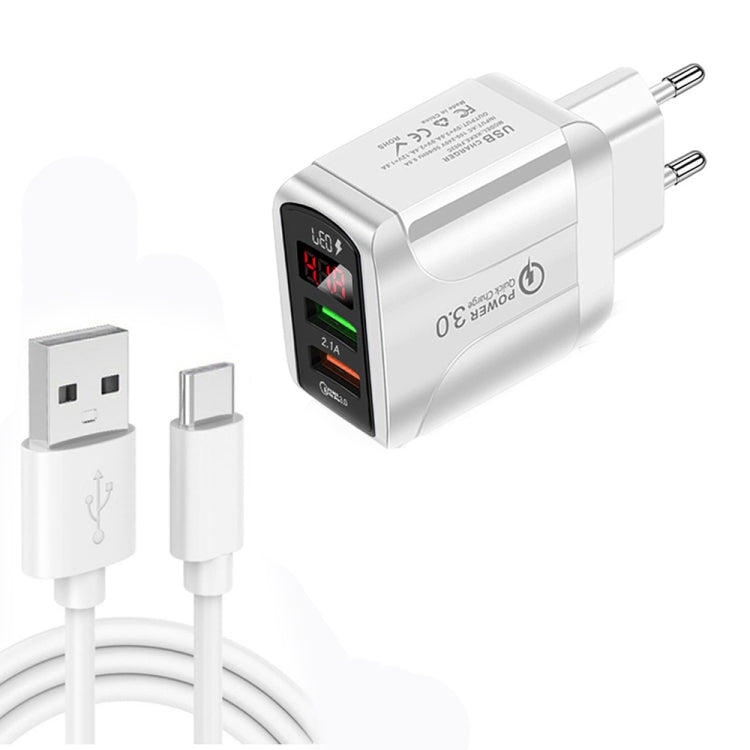 F002C QC3.0 USB + USB 2.0 LED Digital Display Schnellladegerät mit USB-auf-Typ-C-Datenkabel, EU-Stecker, EU-Stecker + Typ-C-Kabel
