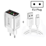 F002C QC3.0 USB + USB 2.0 LED Digital Display Schnellladegerät mit USB-auf-Typ-C-Datenkabel, EU-Stecker, EU-Stecker + Typ-C-Kabel