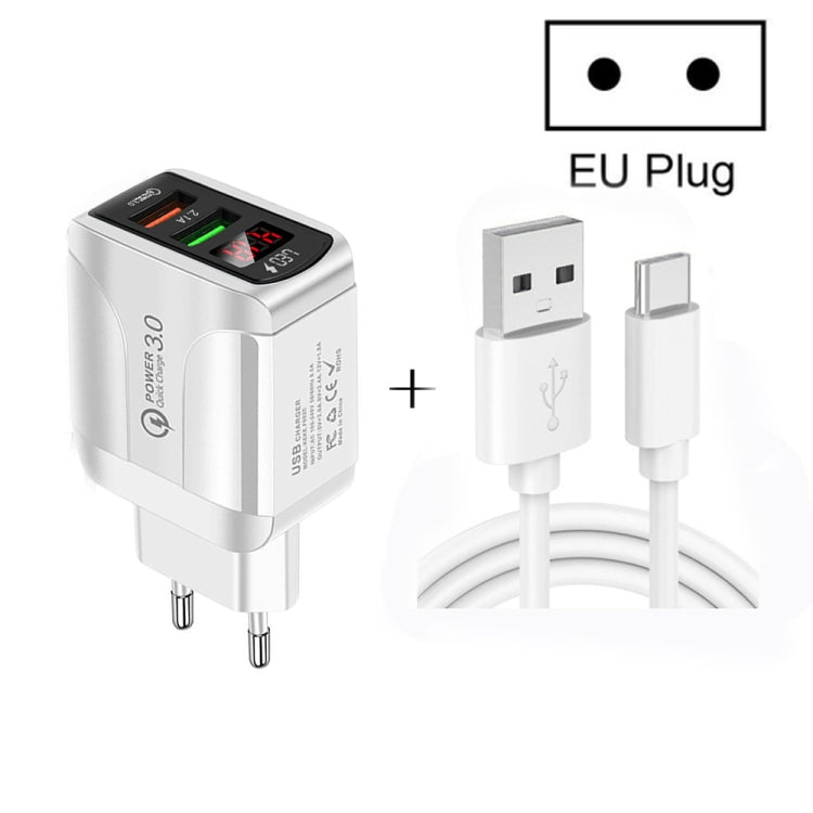 F002C QC3.0 USB + USB 2.0 LED Digital Display Schnellladegerät mit USB-auf-Typ-C-Datenkabel, EU-Stecker, EU-Stecker + Typ-C-Kabel