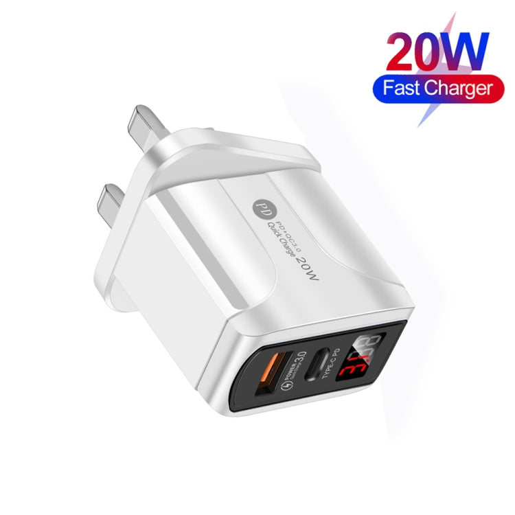 F002C QC3.0 USB + USB 2.0 LED Digital Display Schnellladegerät mit USB-zu-Typ-C-Datenkabel, UK-Stecker, UK-Stecker + Typ-C-Kabel
