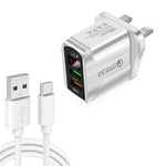 F002C QC3.0 USB + USB 2.0 LED Digital Display Schnellladegerät mit USB-zu-Typ-C-Datenkabel, UK-Stecker, UK-Stecker + Typ-C-Kabel