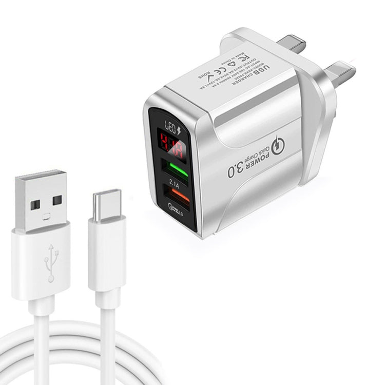 F002C QC3.0 USB + USB 2.0 LED Digital Display Schnellladegerät mit USB-zu-Typ-C-Datenkabel, UK-Stecker, UK-Stecker + Typ-C-Kabel