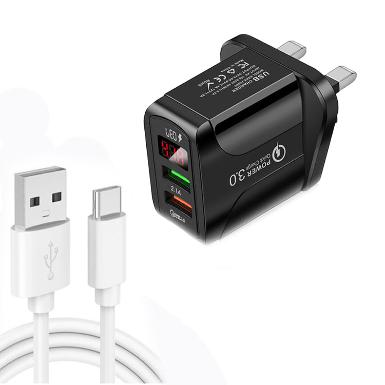 F002C QC3.0 USB + USB 2.0 LED Digital Display Schnellladegerät mit USB-zu-Typ-C-Datenkabel, UK-Stecker, UK-Stecker + Typ-C-Kabel
