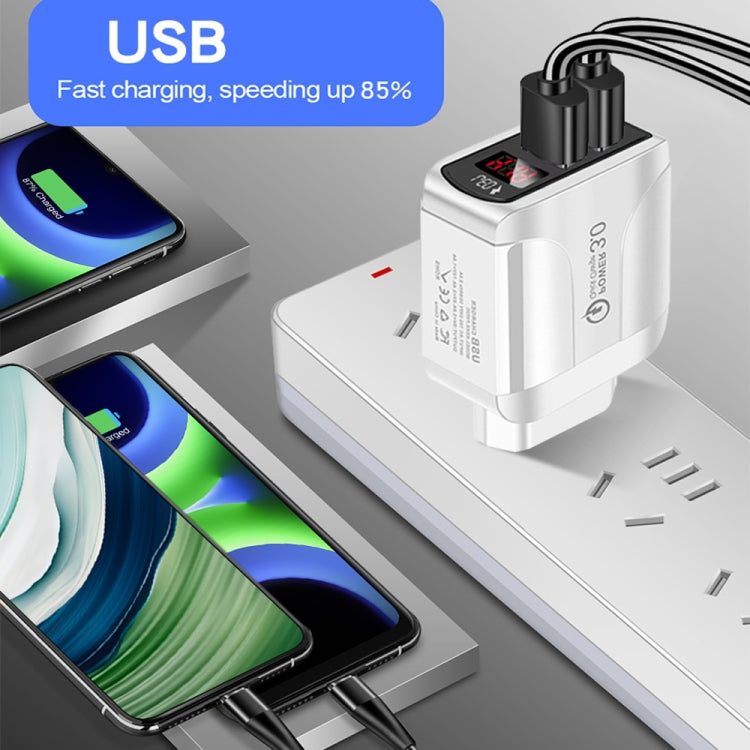 F002C QC3.0 USB + USB 2.0 LED Digital Display Schnellladegerät mit USB-zu-Typ-C-Datenkabel, UK-Stecker, UK-Stecker + Typ-C-Kabel