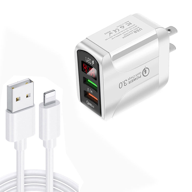 F002C QC3.0 USB + USB 2.0 LED Digitalanzeige Schnellladegerät mit USB zu 8 Pin Datenkabel, US-Stecker, US-Stecker + 8 Pin Kabel