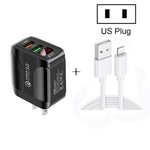 F002C QC3.0 USB + USB 2.0 LED Digitalanzeige Schnellladegerät mit USB zu 8 Pin Datenkabel, US-Stecker, US-Stecker + 8 Pin Kabel