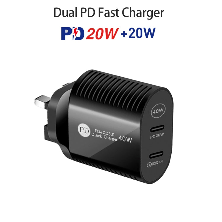 40W Dual Port PD / Typ-C Schnellladegerät für iPhone / iPad Serie, UK-Stecker