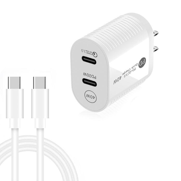 40W Dual Port PD / Type-C Fast Charger with Type-C to Type-C Data Cable, US Plug, US Plug + Type-C to Type-C Cable