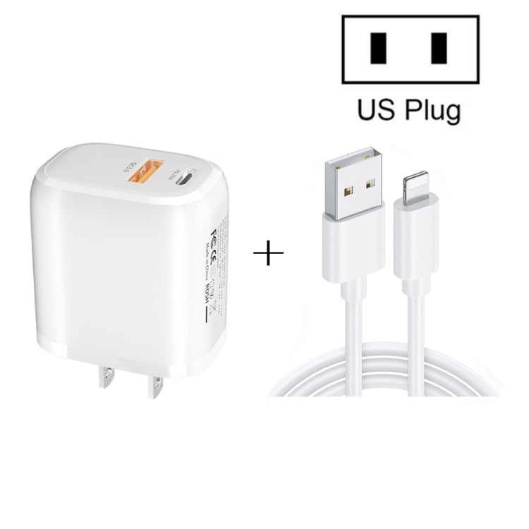 CS-20W Mini Tragbares PD3.0 + QC3.0 Dual-Port-Schnellladegerät mit 3A USB zu 8 Pin Datenkabel, Ladegerät + USB zu 8 Pin Kabel