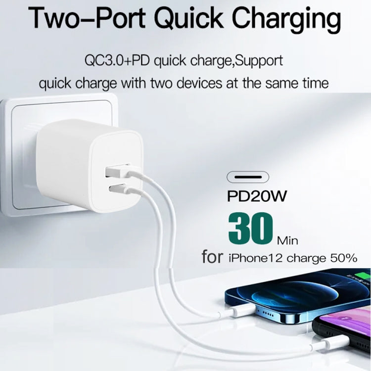 CS-20W Mini Tragbares PD3.0 + QC3.0 Dual-Port-Schnellladegerät mit 3A USB zu 8 Pin Datenkabel, Ladegerät + USB zu 8 Pin Kabel