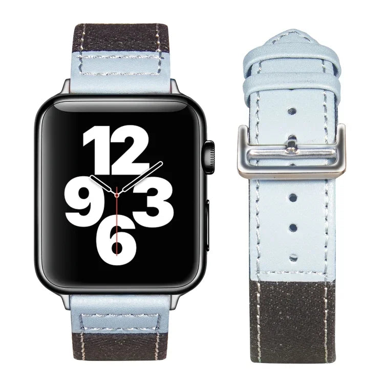 Silbernes Lederarmband mit Dornschließe für Apple Watch Series 7 (41 mm), 6, SE, 5 und 4 (40 mm), 3, 2 und 1 (38 mm) und 7 (45 mm), 6, SE, 5 und 4 (44 mm) sowie 3, 2 und 1 (42 mm).