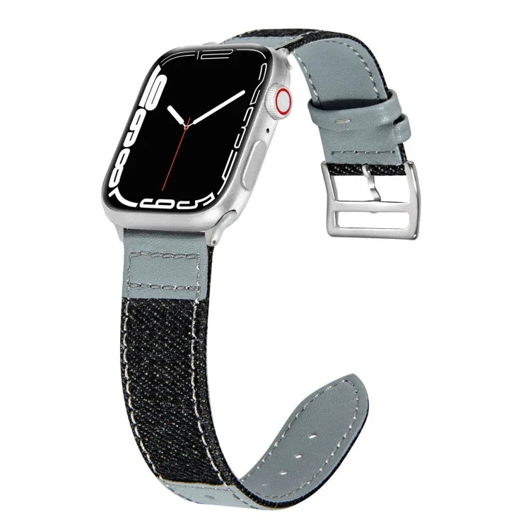 Ersatzarmband aus Denim-Leder für Apple Watch Series 7 (41 mm), 6, SE, 5, 4 (40 mm), 3, 2, 1 (38 mm) und 7 (45 mm), 6, SE, 5, 4 (44 mm) sowie 3, 2, 1 (42 mm)