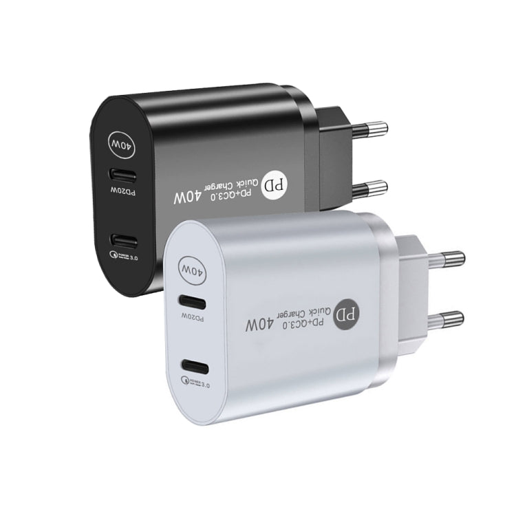 002 40W Dual Port PD / Type-C Schnellladegerät für iPhone / iPad Serie, EU-Stecker, EU-Stecker