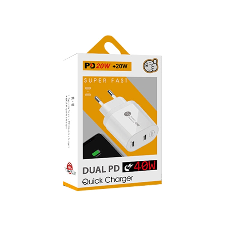 002 40W Dual Port PD / Type-C Schnellladegerät für iPhone / iPad Serie, EU-Stecker, EU-Stecker