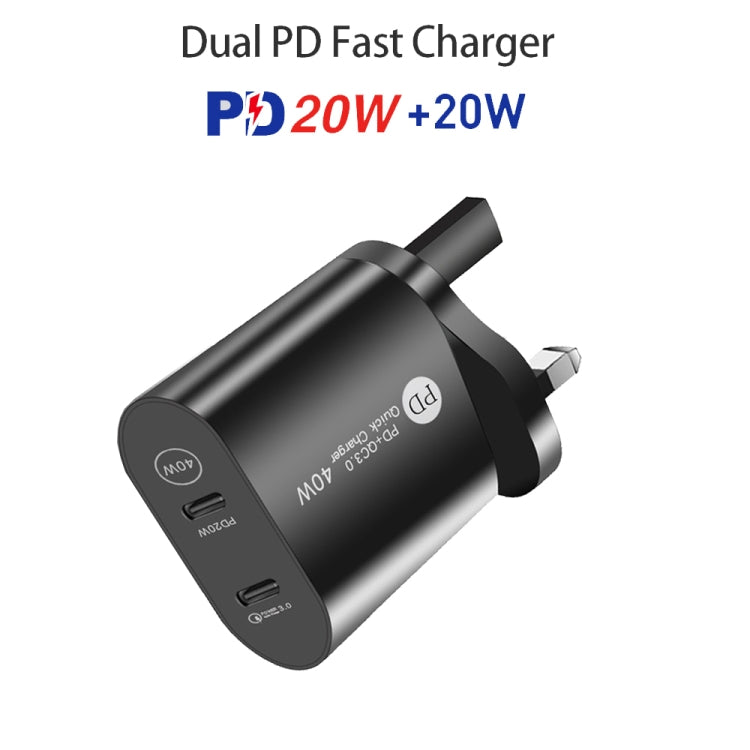 002 40W Dual Port PD USB-C / Typ-C Schnellladegerät für iPhone / iPad Serie, UK Stecker, UK Stecker
