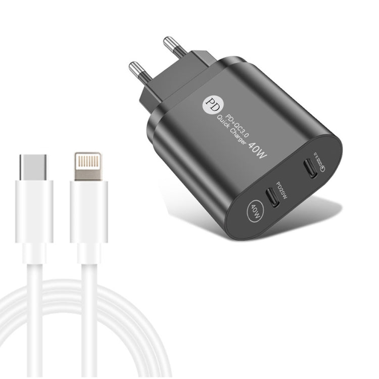 002 40W Dual Port PD / Typ-C Schnellladegerät mit USB-C auf 8 Pin Datenkabel, EU Stecker, EU Stecker + Typ-C auf 8 Pin Kabel
