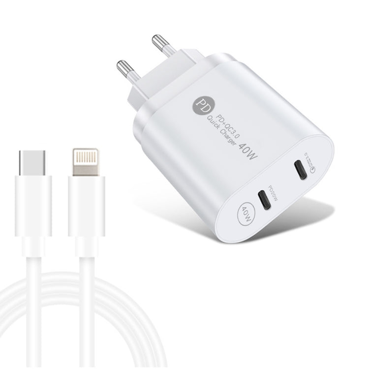 002 40W Dual Port PD / Typ-C Schnellladegerät mit USB-C auf 8 Pin Datenkabel, EU Stecker, EU Stecker + Typ-C auf 8 Pin Kabel