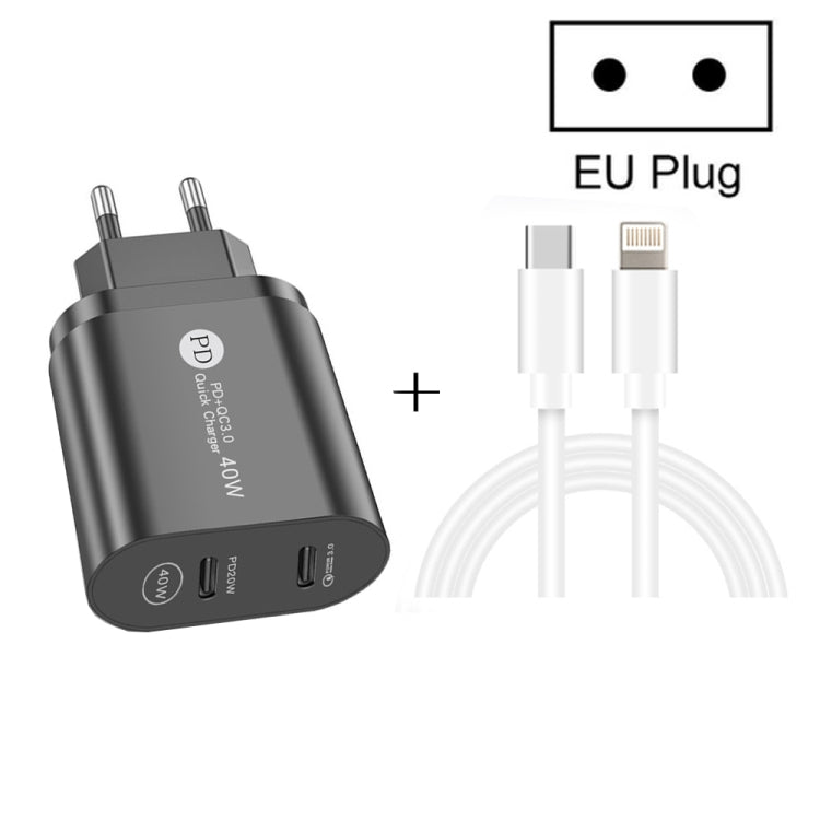 002 40W Dual Port PD / Typ-C Schnellladegerät mit USB-C auf 8 Pin Datenkabel, EU Stecker, EU Stecker + Typ-C auf 8 Pin Kabel