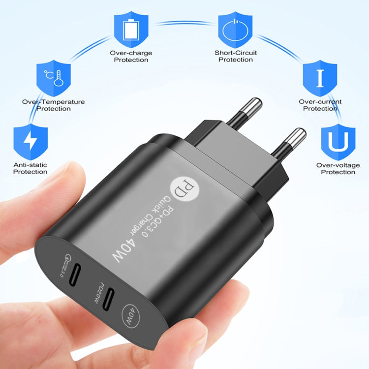 002 40W Dual Port PD / Typ-C Schnellladegerät mit USB-C auf 8 Pin Datenkabel, EU Stecker, EU Stecker + Typ-C auf 8 Pin Kabel