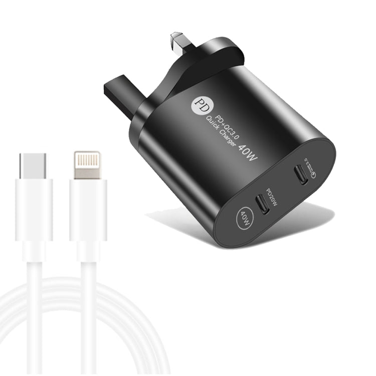 002 40W Dual Port PD / Typ-C Schnellladegerät mit USB-C auf 8 Pin Datenkabel, UK Stecker, UK Stecker + Typ-C auf 8 Pin Kabel