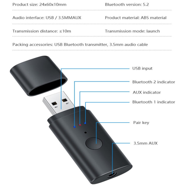 TX35 Bluetooth 5.2 Sender Ein Ziehen Zwei USB / AUX Doppel-Ausgang