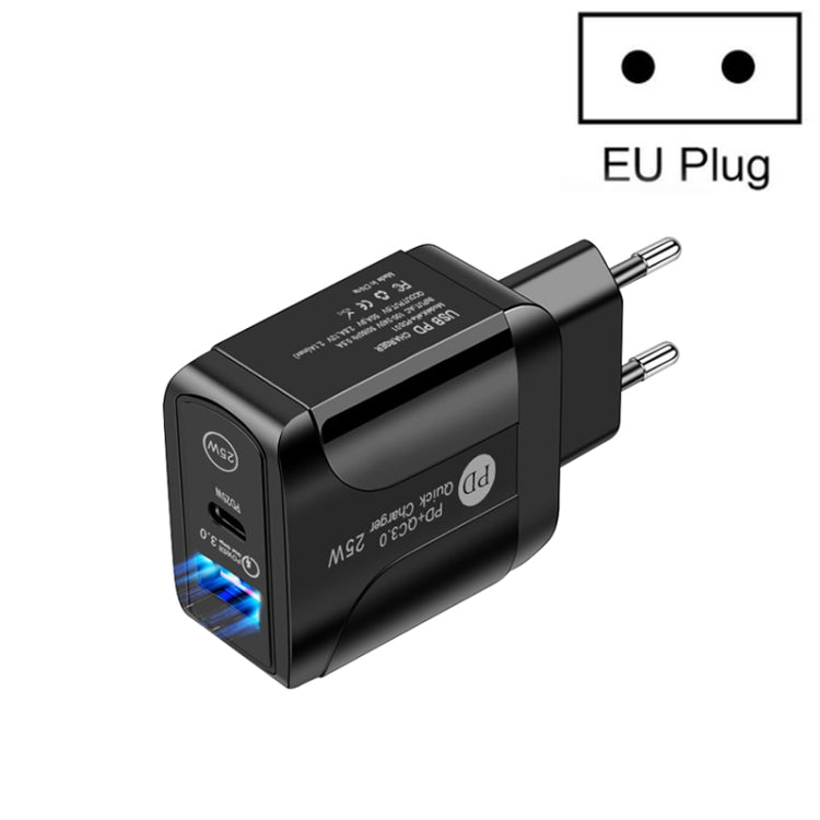 PD25W USB-C / Type-C + QC3.0 USB Dual-Port-Schnellladegerät, EU-Stecker