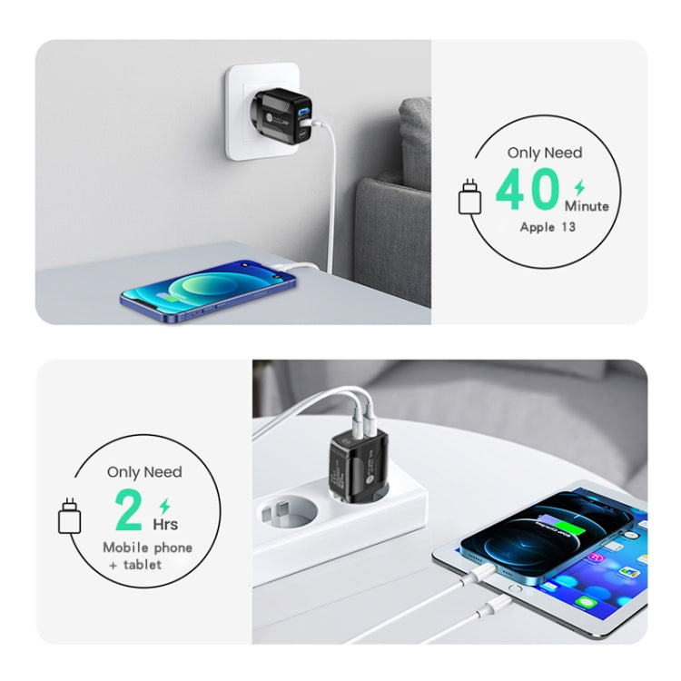 PD25W USB-C / Type-C + QC3.0 USB Dual-Port-Schnellladegerät, EU-Stecker