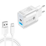 PD25W USB-C / Type-C + QC3.0 USB Dual Ports Schnellladegerät mit USB-zu-Type-C-Datenkabel, EU-Stecker, EU-Stecker + USB-zu-Type-C-Kabel