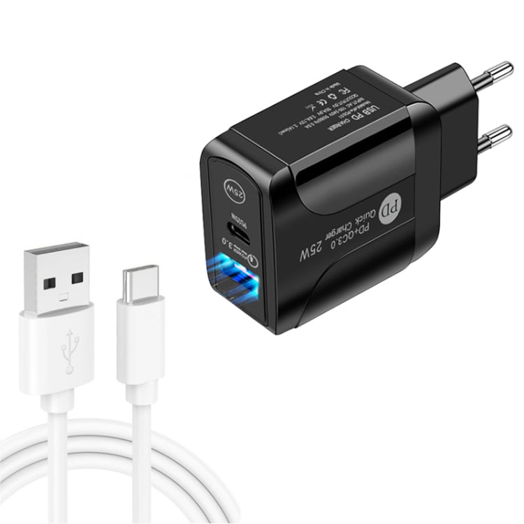 PD25W USB-C / Type-C + QC3.0 USB Dual Ports Schnellladegerät mit USB-zu-Type-C-Datenkabel, EU-Stecker, EU-Stecker + USB-zu-Type-C-Kabel