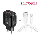 PD25W USB-C / Type-C + QC3.0 USB Dual Ports Schnellladegerät mit USB-zu-Type-C-Datenkabel, EU-Stecker, EU-Stecker + USB-zu-Type-C-Kabel